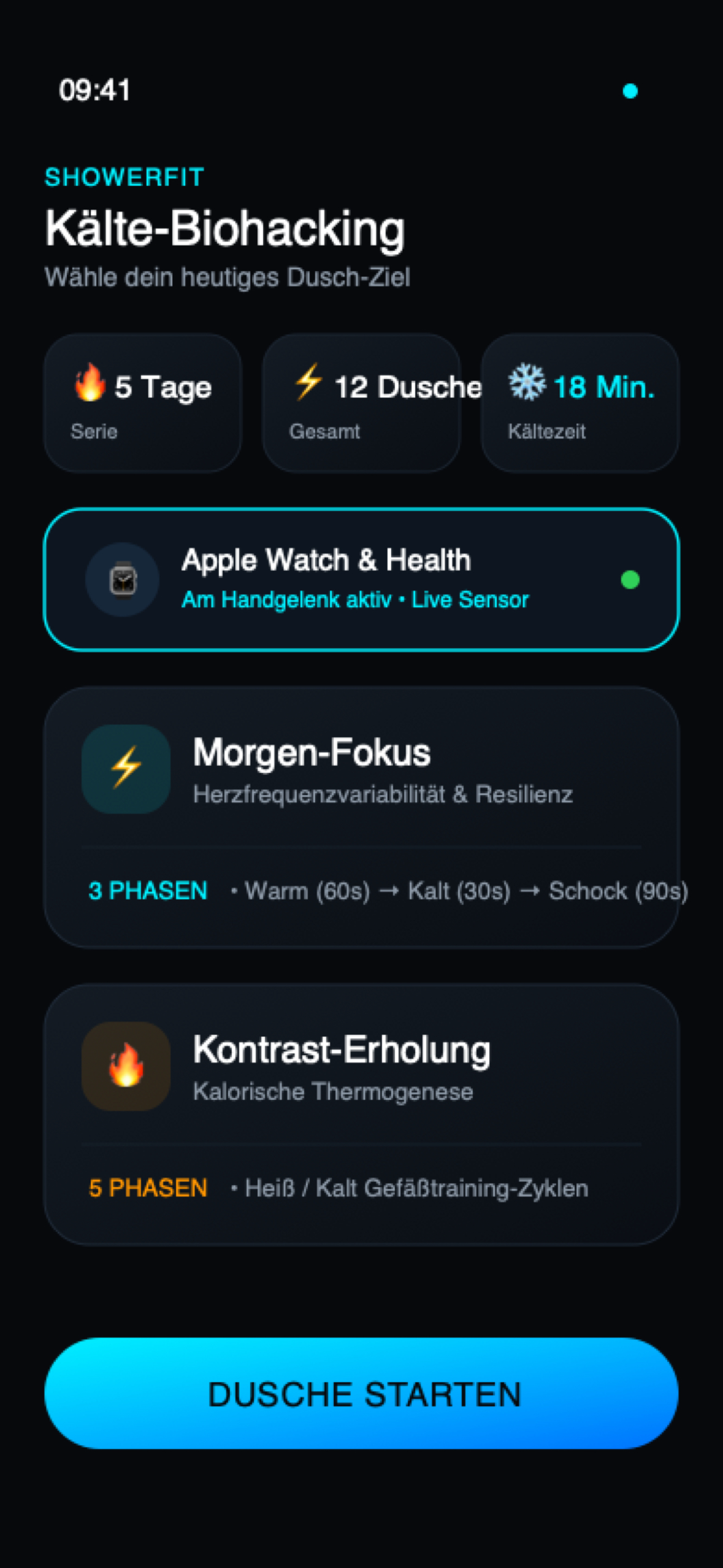 ShowerFit iPhone App Obsidian Interface